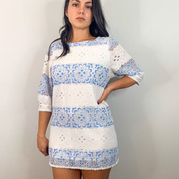 Elf Sack White & Blue Lace Mini Dress - Picture 1 of 6